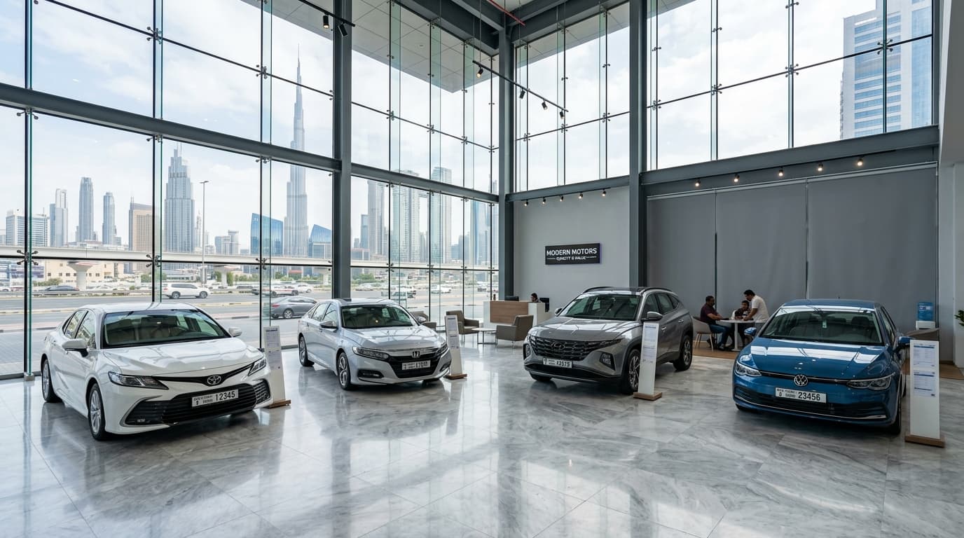 Luxury car showroom with premium vehicles and Dubai skyline